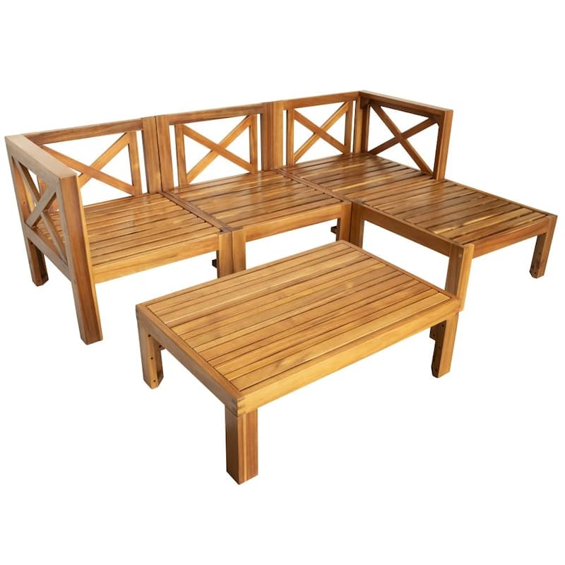 Outdoor Backyard Patio Wood 5-Piece Sectional Sofa Seating Group Set with Cushions