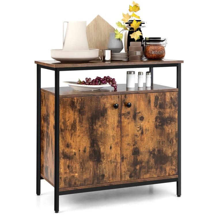 2-Door Buffet Cabinet with Shelves and Cable Management Holes-Rustic Brown - 31.5" x 16" x 31.5" (L x W x H)