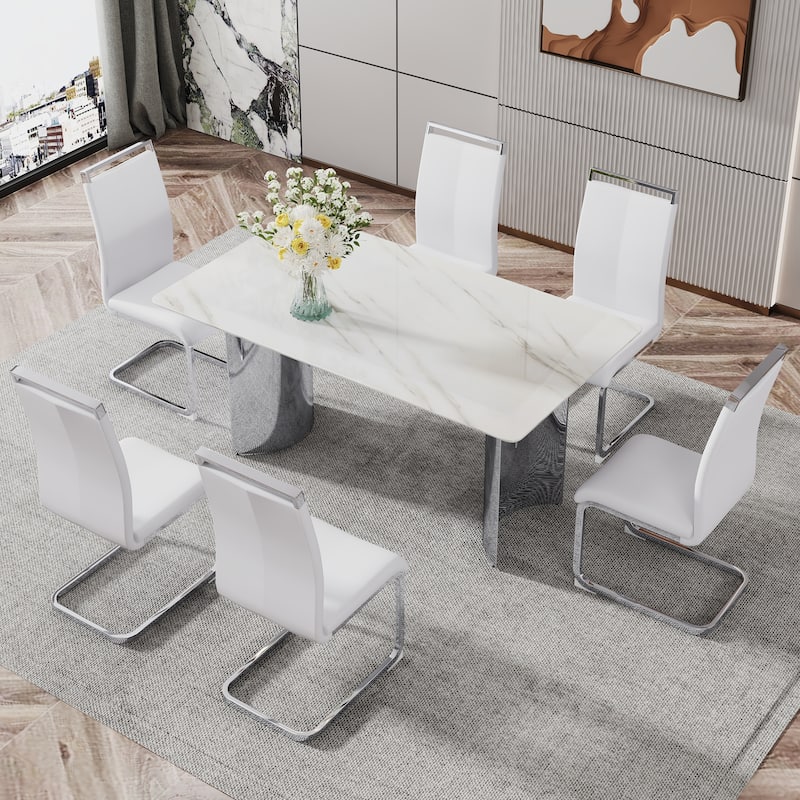 Modern Marble Glass Dining Set with Stainless Steel Legs & PU Chairs