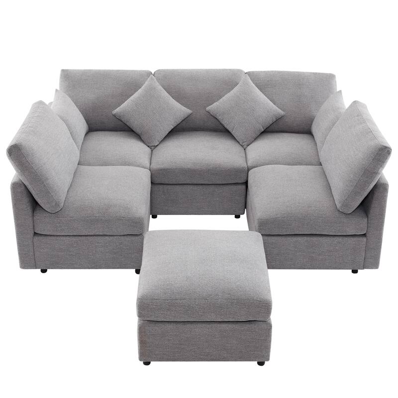 L-Shaped Modular Sectional Sofa Convertible U-Shaped Sofa Bed with Movable Ottoman and 2 USB Ports, 2 Pillows, Chenille 5 Seat