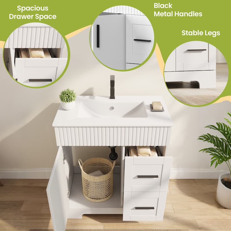 EROMMY Bathroom Vanity with Sink and Faucet, Freestanding Vanity Cabinet with Drawers & Doors, White Ceramic Top