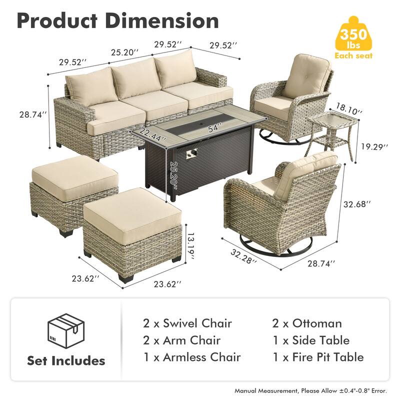 OVIOS 9 Pieces T shaped Seat Curved Swivel Chair Set With Fire Pit