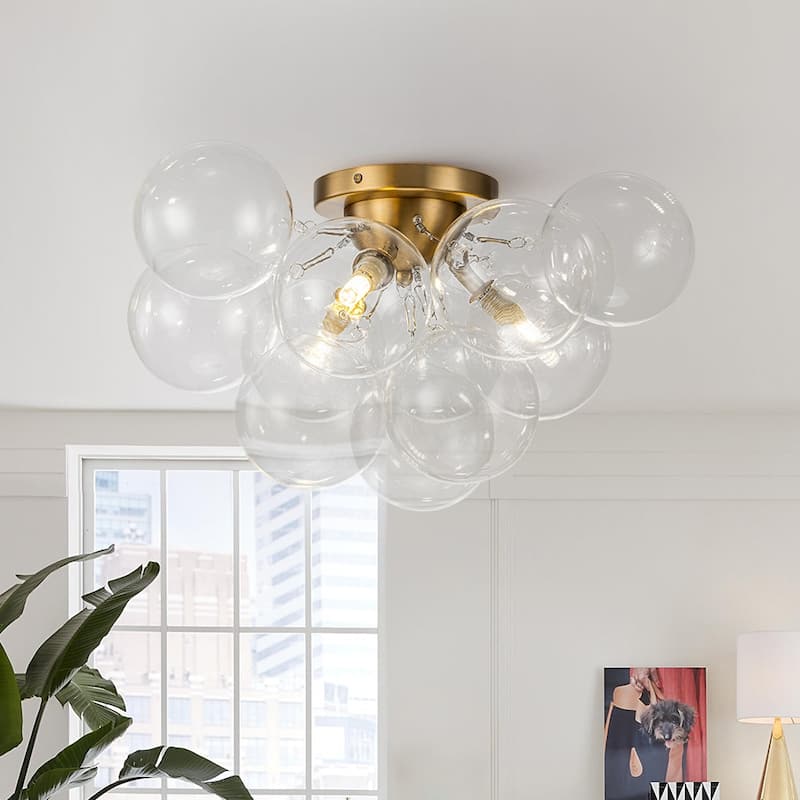 3-Light Clear Glass Globe Bubble Semi Flush Chandelier - Brass 18in - Brass