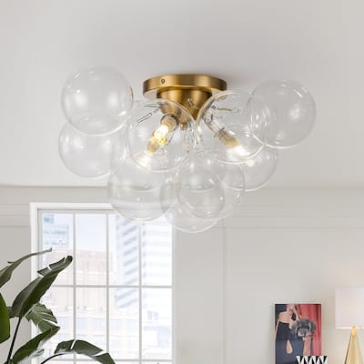 3-Light Clear Glass Globe Bubble Semi Flush Chandelier - Brass 18in