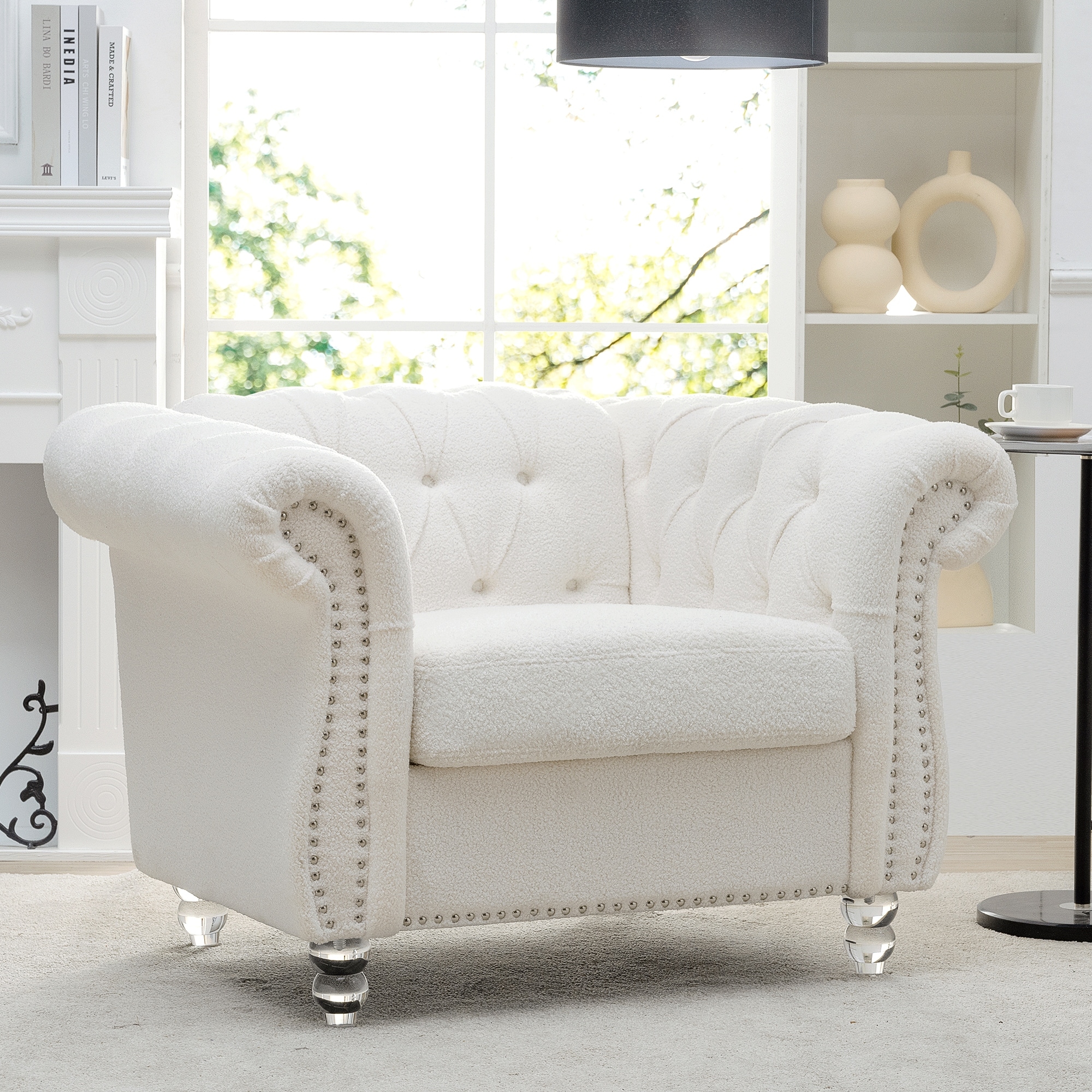 White Side Chair Sofa Chair Club Chair with Armrests, Reception Chair Accent Chair with Nailhead Trim
