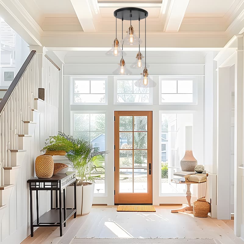 Farmhouse 5-Light Cluster Entryway Glass Adjustable Wire Pendant for Coastal Bathroom - 19.7"W x 19.7"D x 37" - 68"H