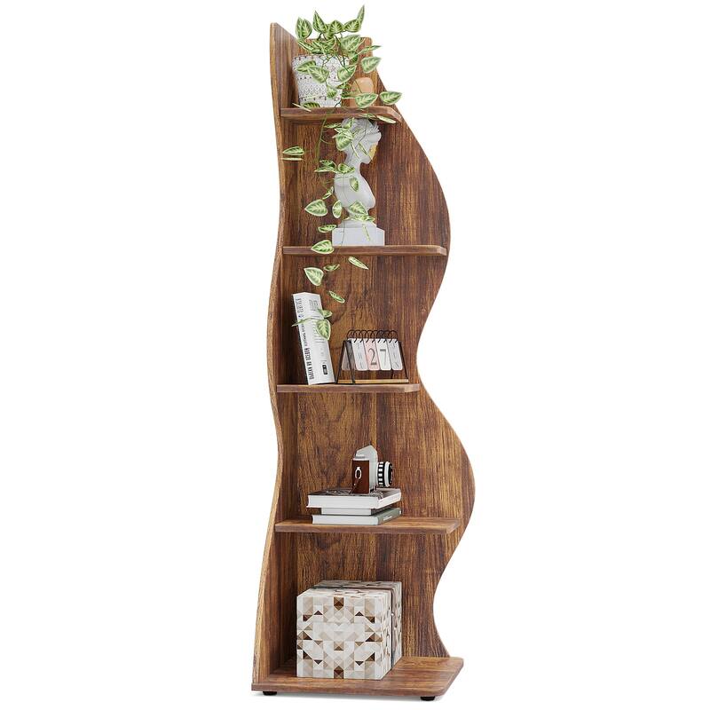 Modern Wood Corner Shelf, 5-Tier Bookshelf Bookcase for Living Room