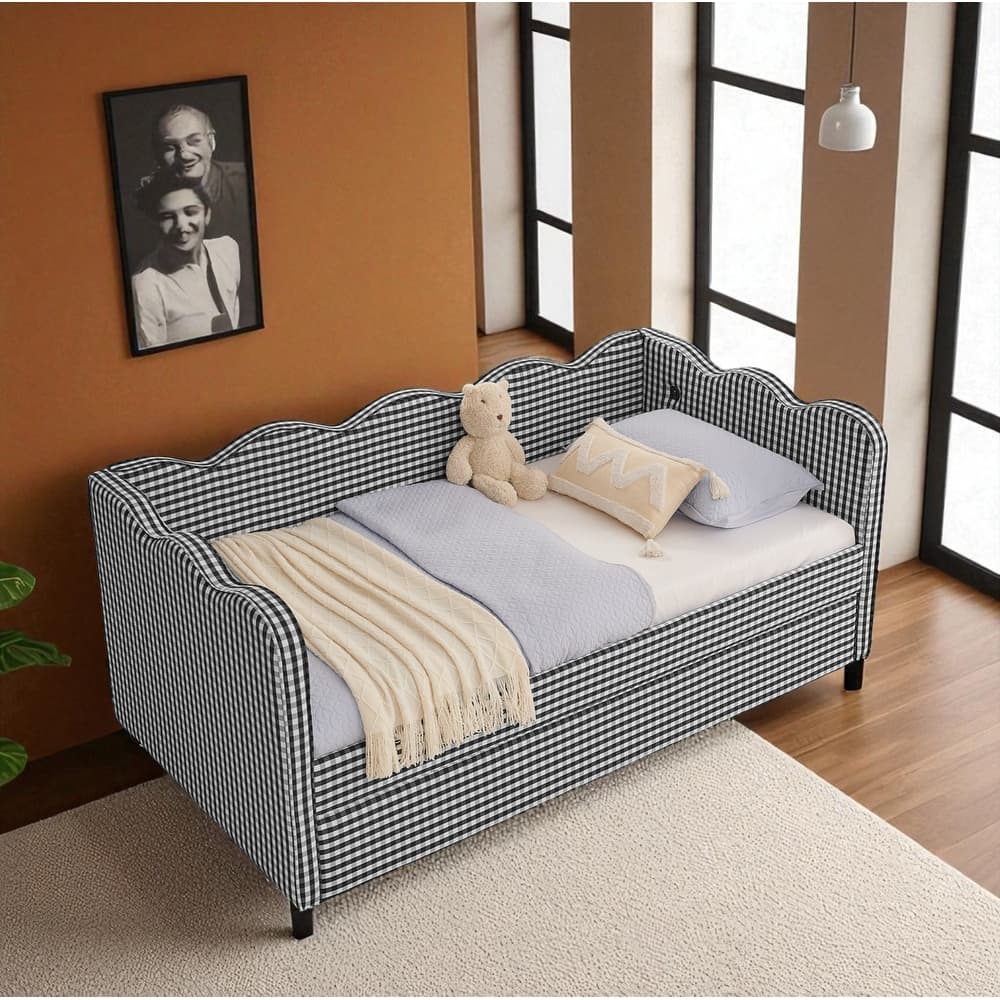 Twin Size Gingham Daybed with Trundle, USB Port, Wave Design, No Box Spring Needed, Linen Upholstered Sofa Bed