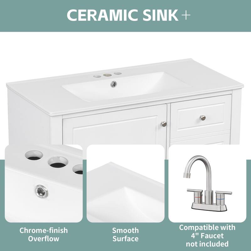 36" Bathroom Vanity Freestanding Storage Cabinet with Ceramic Sink and 3 Drawers - 36 in.W x 18.3 in.D x 33.7 in.H
