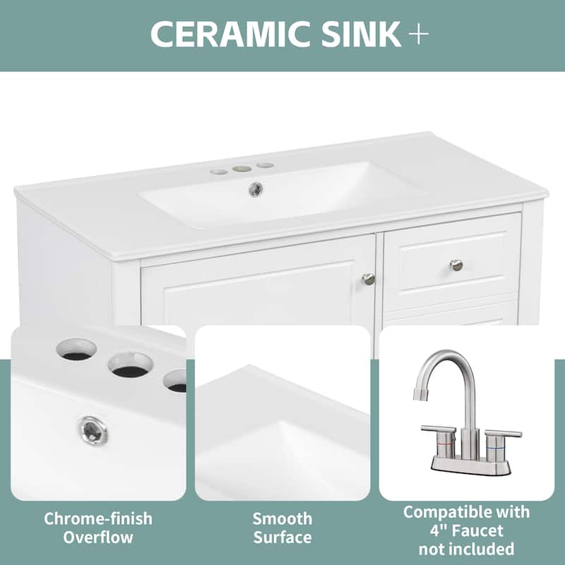 36" Bathroom Vanity with Ceramic Sink - MDF & Solid Wood Base, 3 Drawers & Storage Cabinet, Freestanding Design, 4" Faucet Holes
