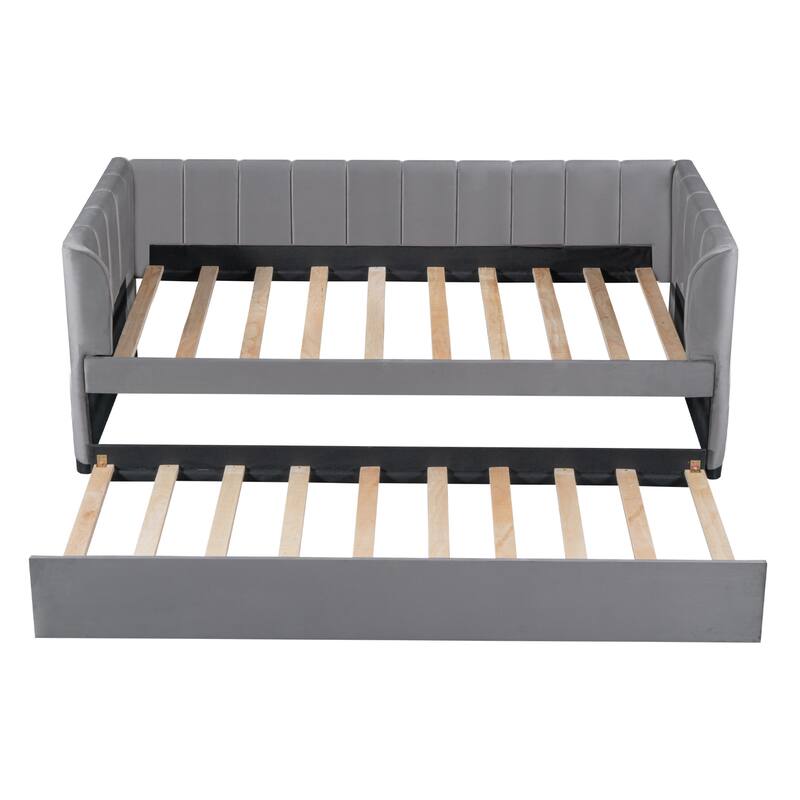 Twin Size Upholstered Daybed with Ergonomic Design Backrest and Trundle