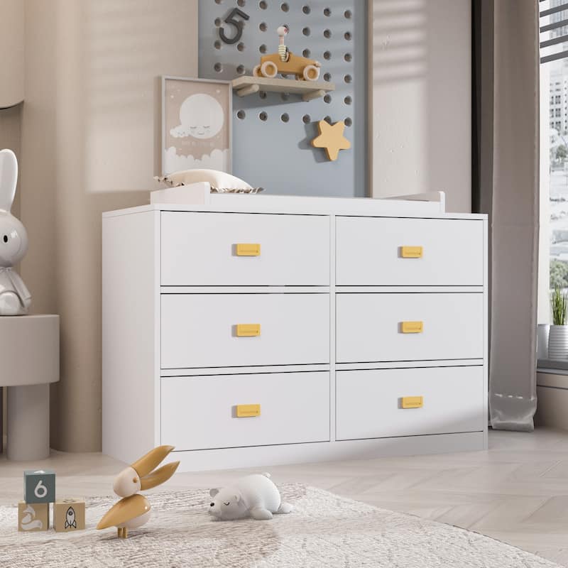 Dresser 6 Drawers With Baby Changing Table In White/Grey Golden Handle - 45.1"W - White