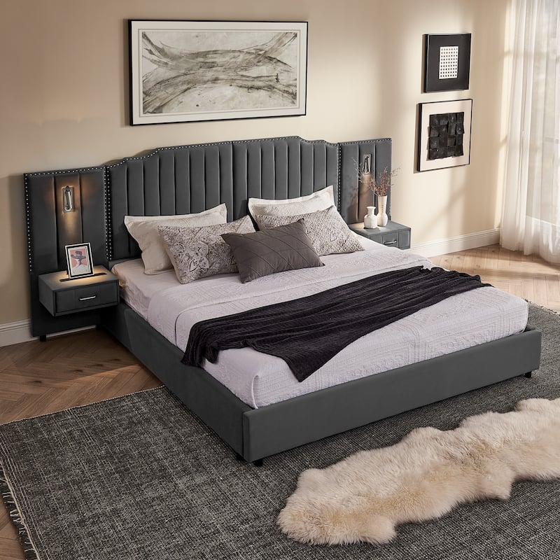 Upholstered Bed, Vertical Stripe Buttons Design Wingback Bed Frame, Velvet Fabric Platform Bed with Bedside Table - Grey - King