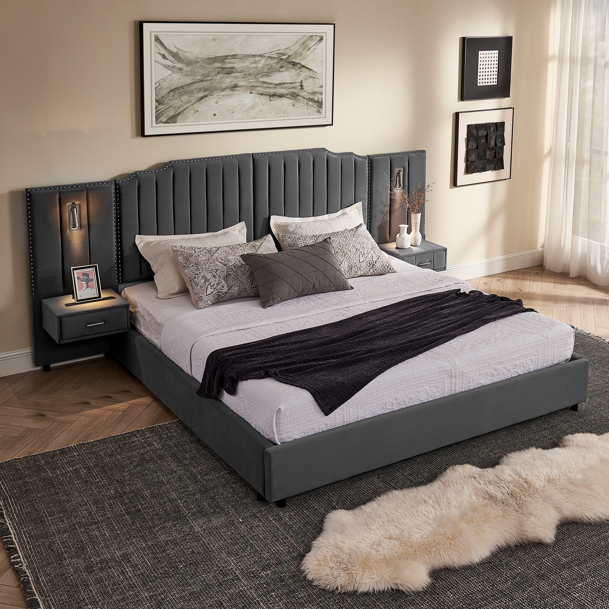 Roomfitters King Size Upholstered Bed Frame with Integrated Nightstands and Reading Lights Channel Tufted Headboard