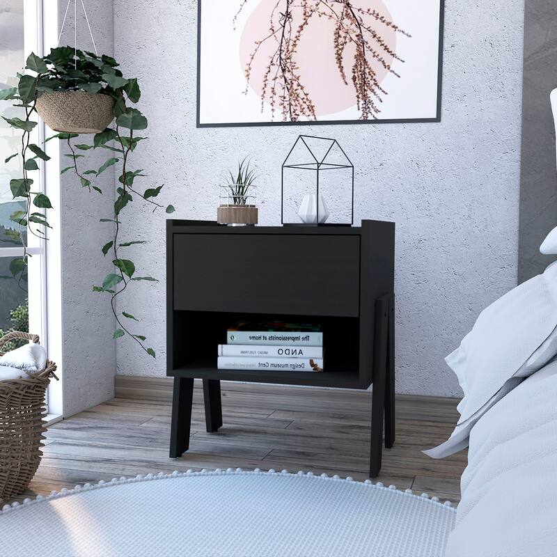 Hosley 1-Drawer 1-Shelf Nightstand Black Wengue，Suitable for bedrooms,living rooms,apartments - Black - 1-drawer