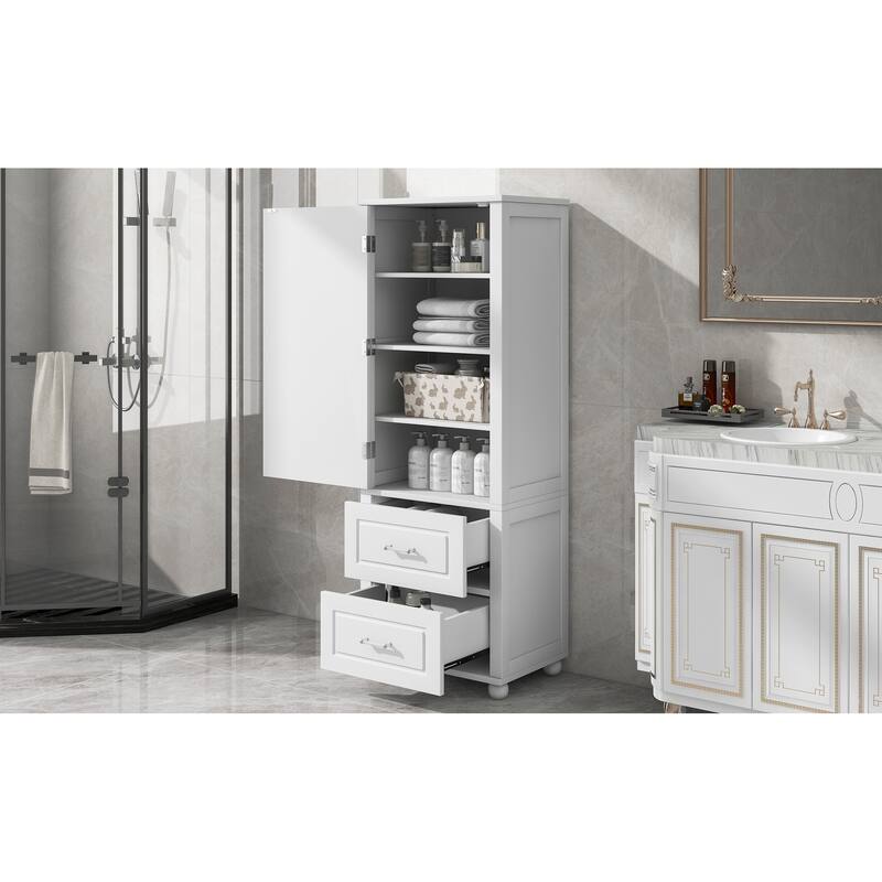 GDFStudio - Rowan Tall Freestanding Bathroom Storage Cabinet with Two Drawers and Adjustable Shelf