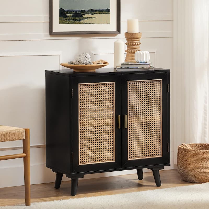 Woodland Multifunctional Rattan-Accented 2-Door Storage Stackable Buffet Cabinet with Solid and Wood Frame by HULALA HOME