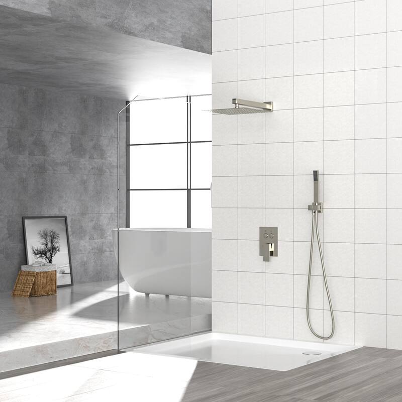 Dual Shower Head - 10 Inch Wall Mounted Square Shower System with Rough-in Valve, Brushed Nickel