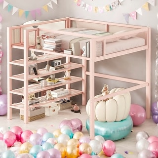 Full Size Metal Loft Bed with 4-Tier Shelves and Storage for Home