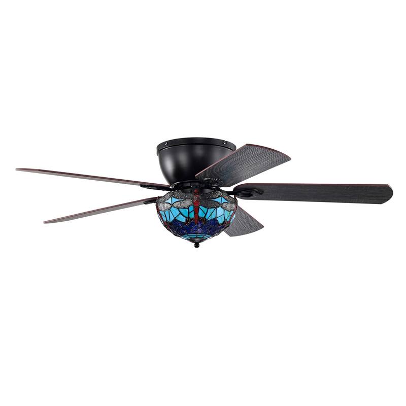 Pluvey 52-Inch Flushmount Lighted Ceiling Fan Blue Red Draginfly Tiffany Glass Lamp Black Finish