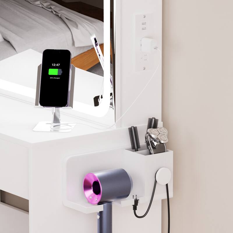 Vanity table with LED-lit mirror with power outlet and hairdryer shelving
