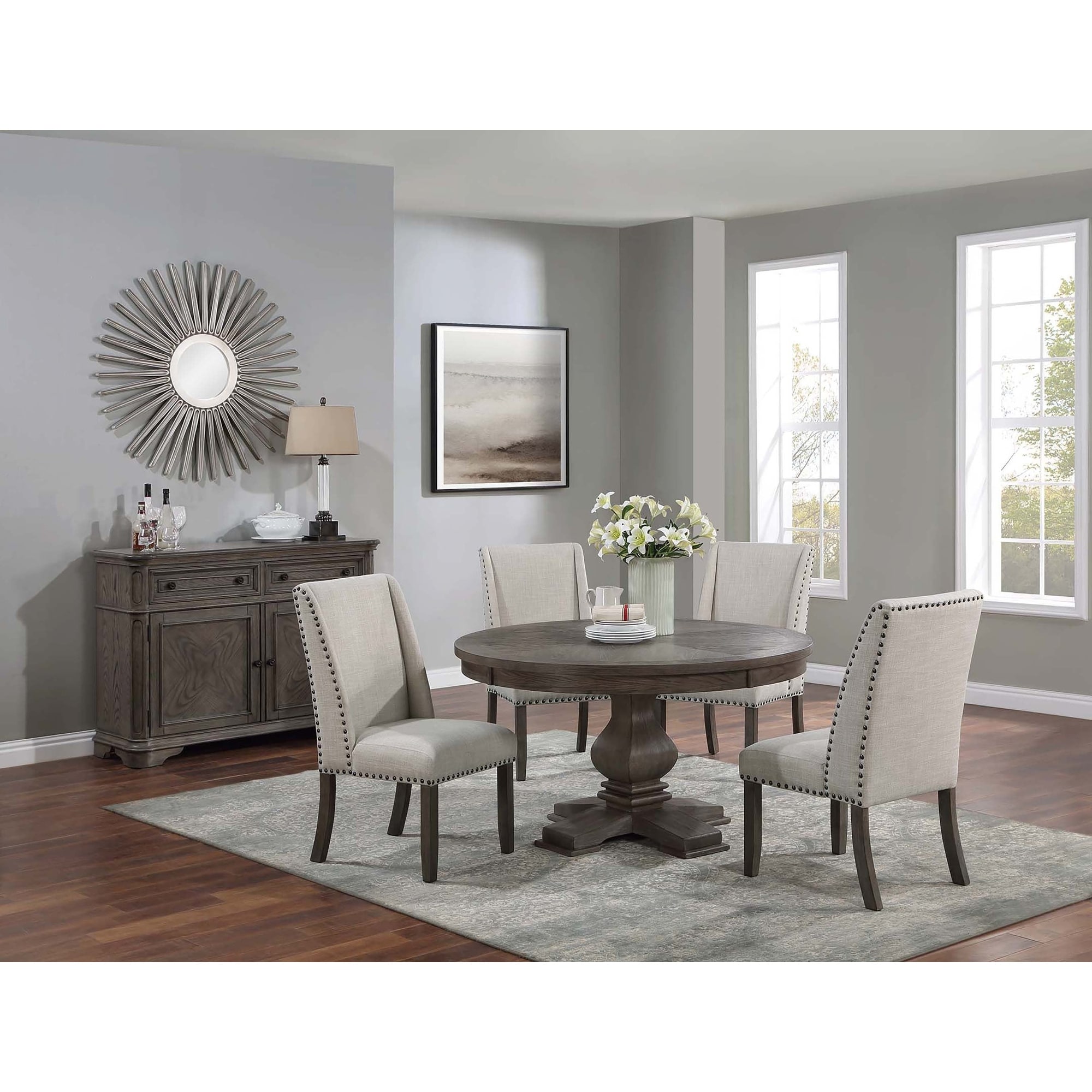 Round Dining Table Set 5pc Pedestal Base Oak Finish Dining Room Furniture