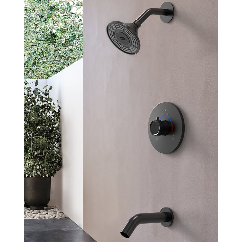 GRANDJOY 5 inch Wall Mount Shower Head with Tub Spout Shower Faucet Set Temperature Display Pressure Balanced Valve
