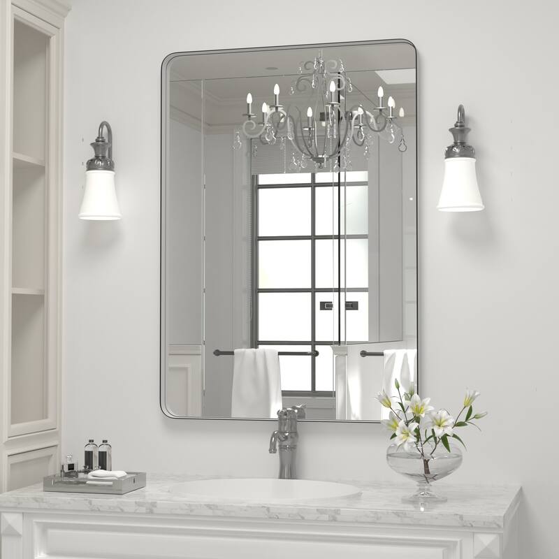 Modern Rectangle Bathroom Vanity Mirror with Metal Frame and Round Corners for Vertical/Horizontal - 22W*30H Inches - Silver