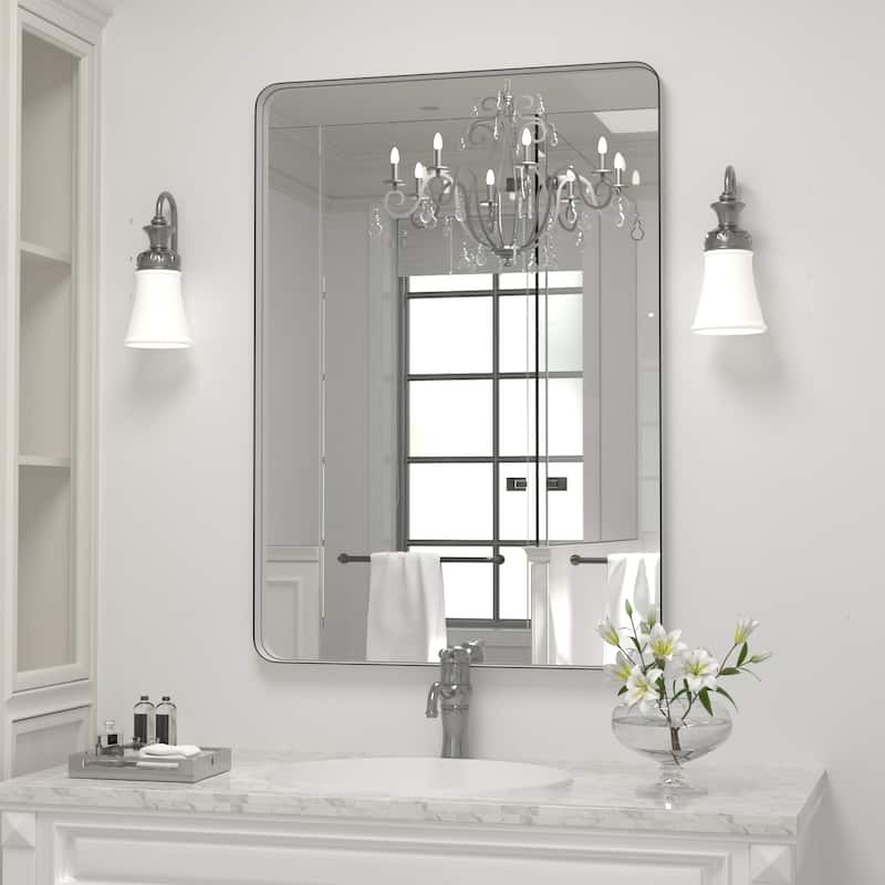 Modern Wall Mirror, Rectangular Mirror with Metal Frame, Bathroom Mirror with Round Corner Vanity Mirror for Vertical/Horizontal - 20W * 28H Inches - Silver