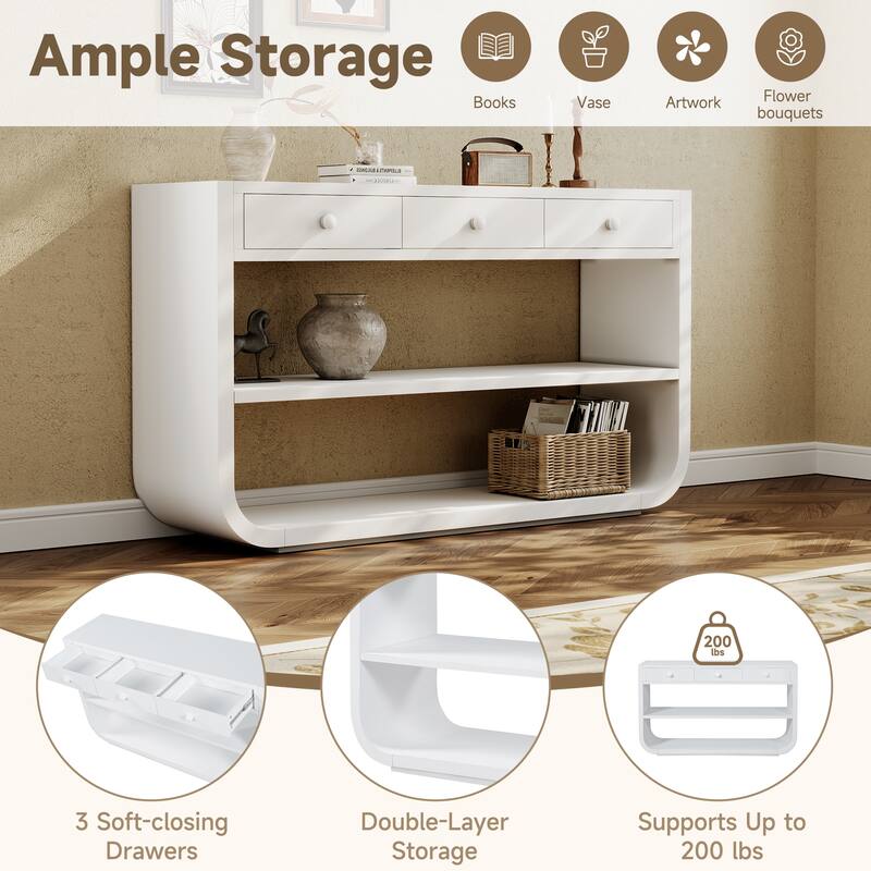 Christopher Knight Home - Modern Entryway Curved Console Table with Soft-Close Drawers & Open Shelves for Living Room, Hallway