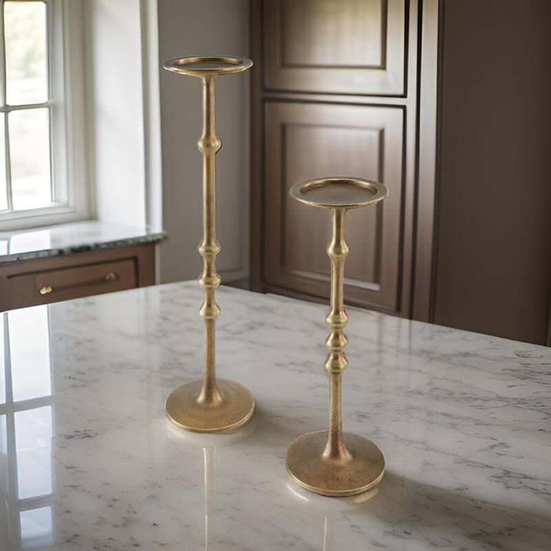 Lara Candle Holder Set of 2, Cast Aluminium, Antiqued Brass Toned Finish