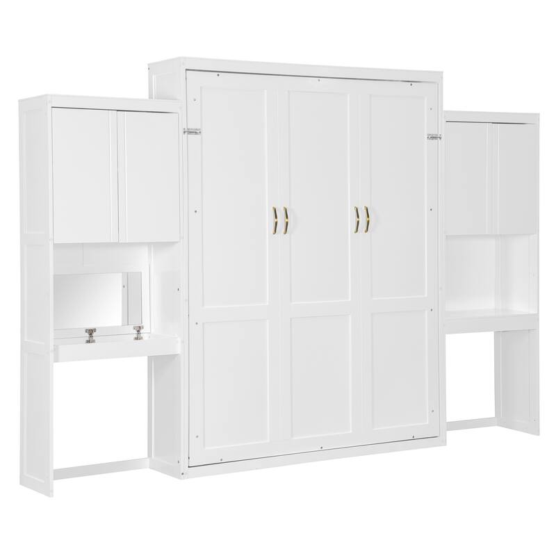 Queen Size Murphy Bed with Desk, Vanity, and Cabinets in White