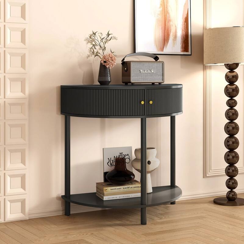 Modern 31.5" Fluted Semi-Circle Narrow Console Table with Drawers and Dual Storage Solutions