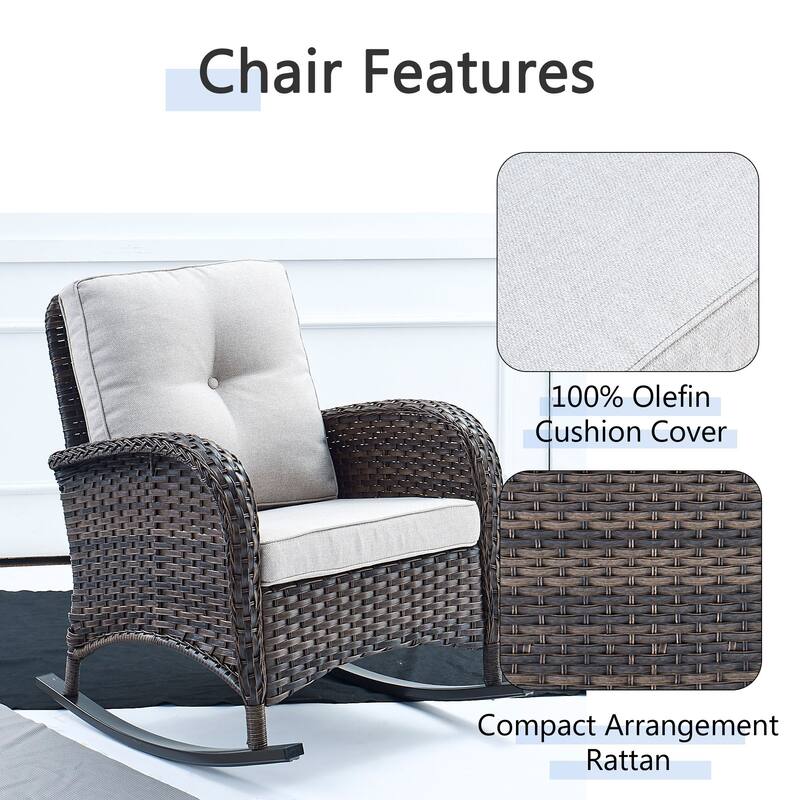 PlainCurve 3-Piece Wicker Outdoor Patio Conversation Set with Rocking Chairs and Olefin Cushions
