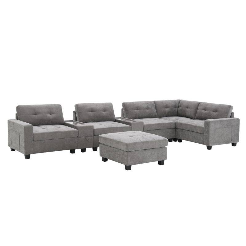 L-shape Chenille Sectional Sofa with 2 Acrylic Consoles Table Top, USB Charger, 2 Drawers, Pockets and Ottoman for Living Room