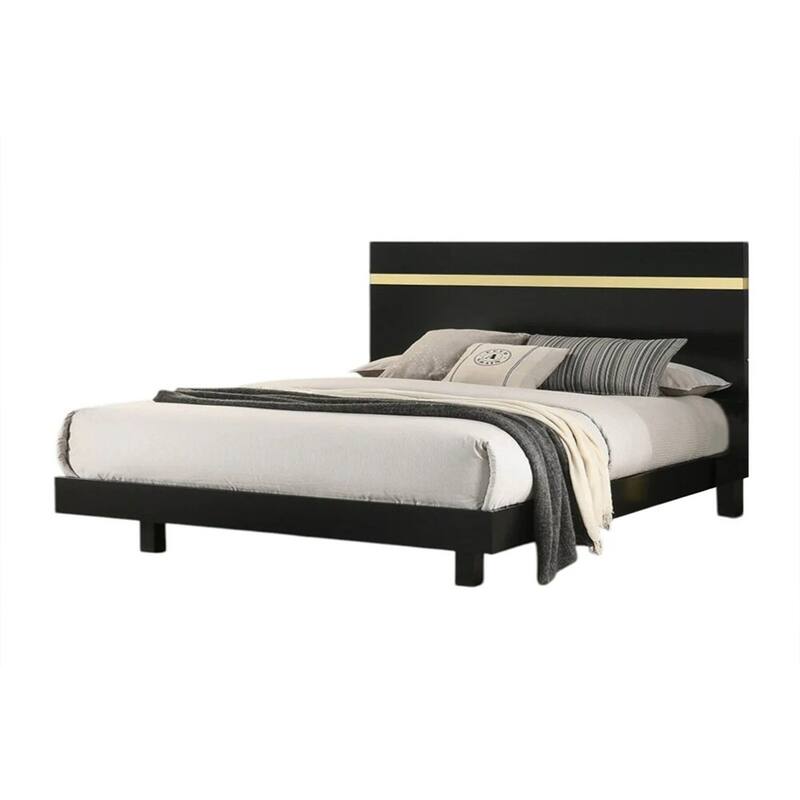Yoki Queen Size Bed w Underbed LED, Acrylic Gold Trim, Black Frame