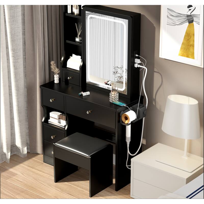 Left Drawer Desktop Vanity Table, Cushioned Stool, 2 AC + 2 USB Socket