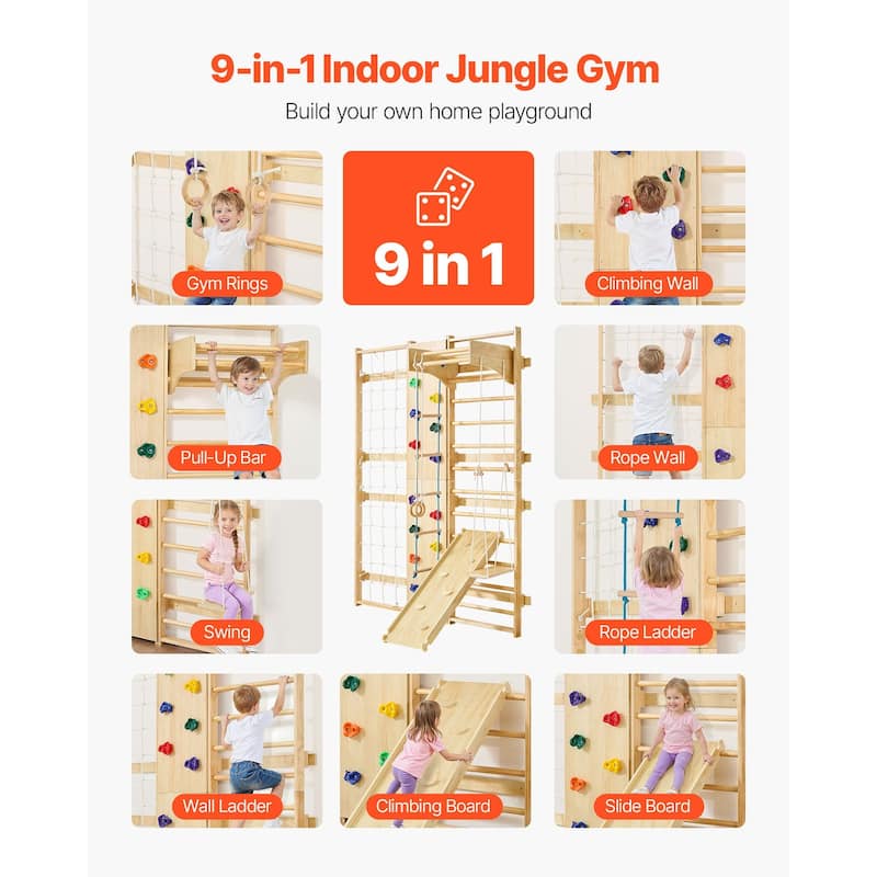 9 in 1 Wall Mounted Indoor Jungle Gym Climbing Playset Solid Pine Wood for Kids and Adults with Ladder and Stall Bars