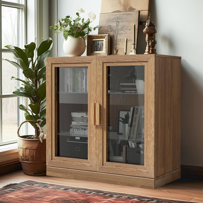 Wood Bookshelf Storage Cabinet with 2 Glass Door and Adjustable Shelf for Kitchen Bedroom Entryway Living Room Dinning Room