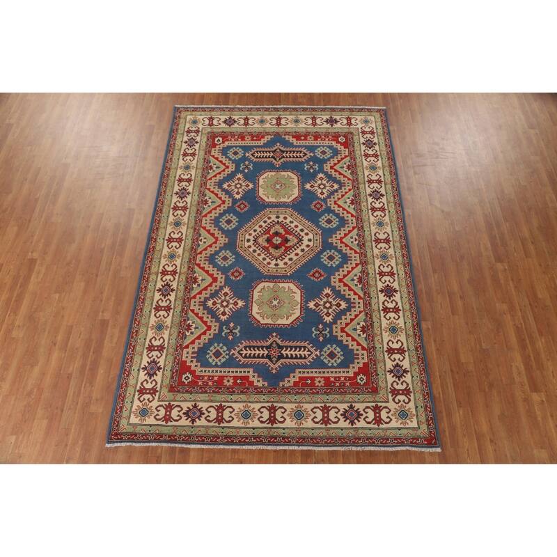 Blue Geometric Kazak Oriental Rug Handmade Traditional Wool Carpet - 6'8" x 10'1"