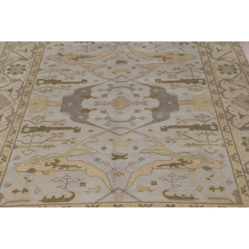 Silver Gray Oushak Indian Area Rug Hand-Knotted Wool Carpet - 8'0" x 9'10"