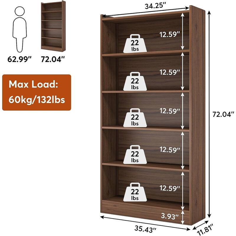 72-inch Bookcase, Modern 6-Tier White Bookshelf, Wood Display Shelf