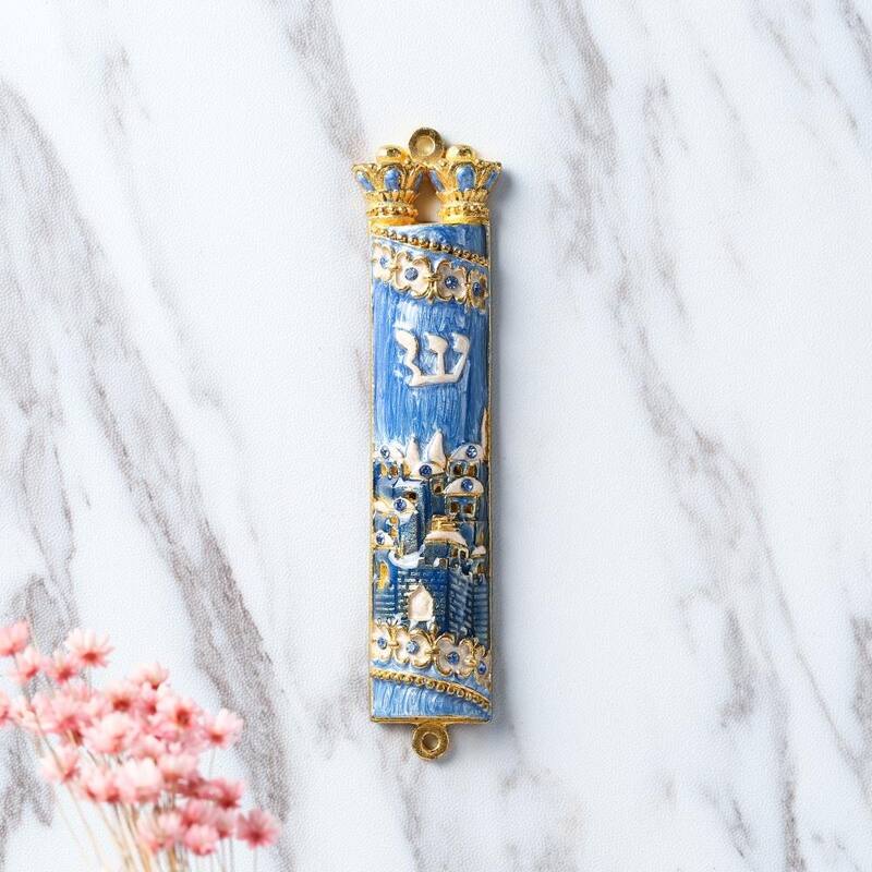 Matashi Hand Painted Blue Enamel Mezuzah with Jerusalem City Design with Gold Accents and High Quality Crystals