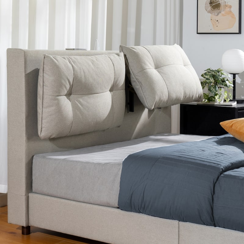 Priage by ZINUS Beige Metal Platform Bed with Reclining Headboard and USB Ports