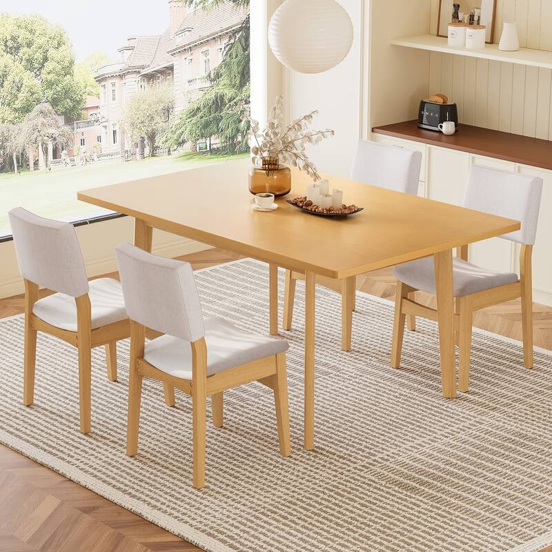 5 Piece Rectangular Dining Set with Wooden Table and Upholstered Linen Chairs