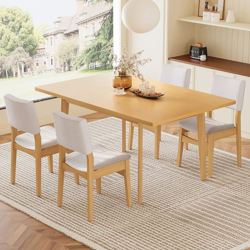 Roomfitters 5-Piece Modern Dining Set, Rectangular Kitchen Table with 4 Upholstered Linen Chairs, Solid Wood Legs - Natural
