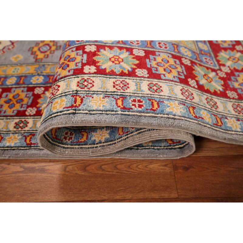 Gray Geometric Kazak Oriental Area Rug Hand-Knotted Wool Carpet - 4'11" x 6'10"