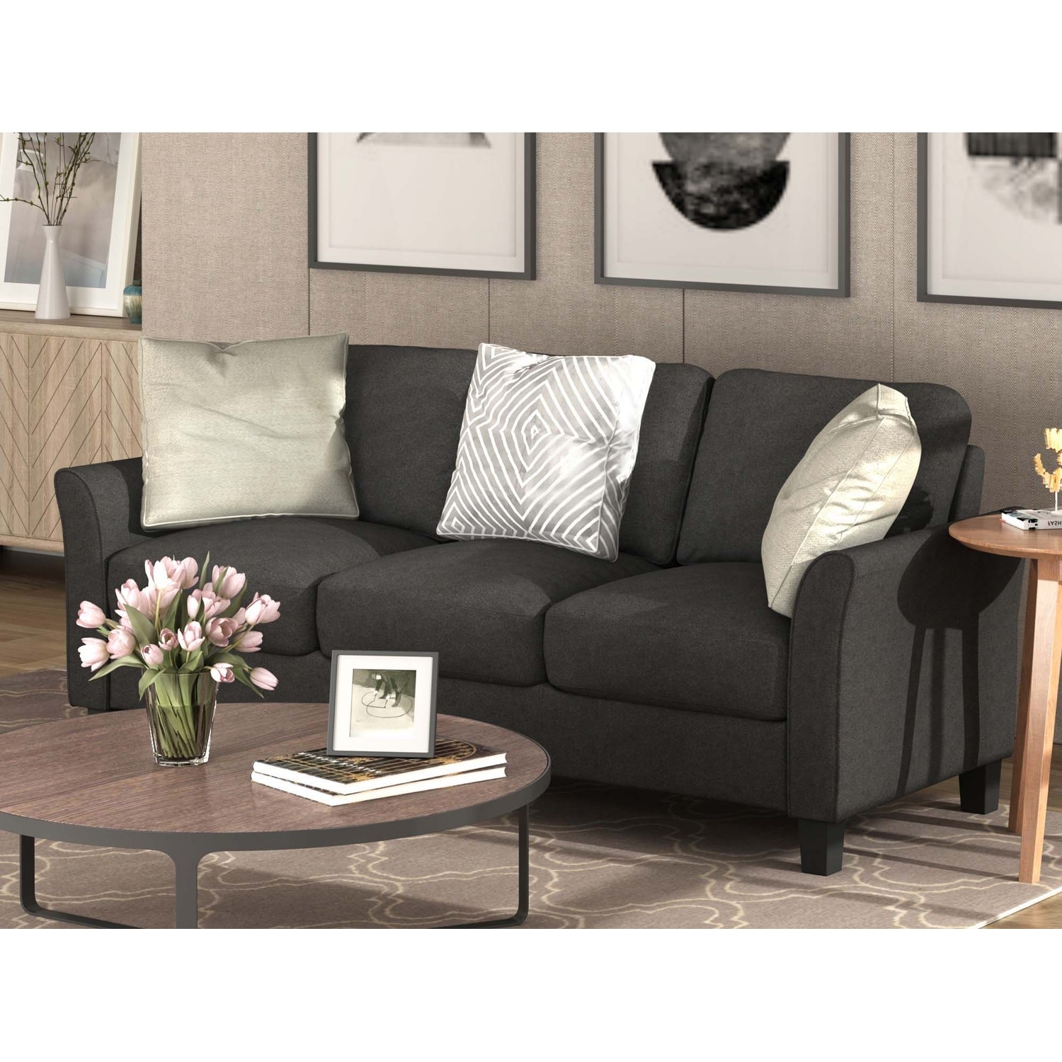Linen Fabric Upholstered Sofa 3 Seater Removable Back Cushions Couch for  Living Room with Throw Pillows and Square Arms - Bed Bath & Beyond -  38427881