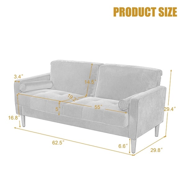 dimension image slide 0 of 2, 62.5'' W Corduroy Couch Upholstered Square Arm Sofa