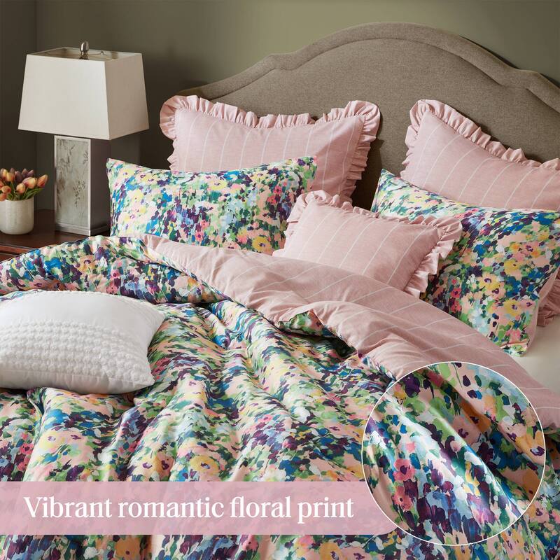 Romantic King 8PC Floral Comforter Set Cotton Reversible with Bed Skirt & Decorative Pillows